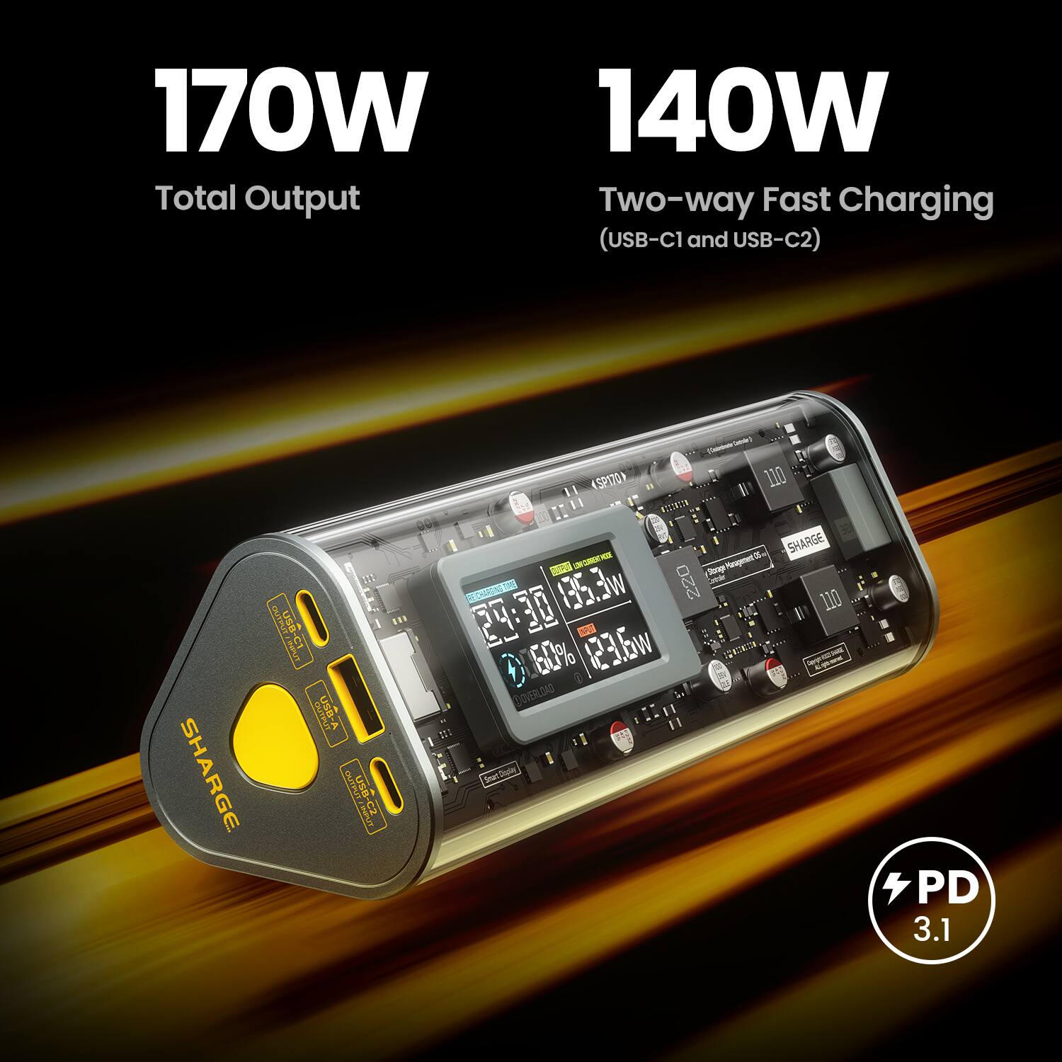 The image features a Sharge device with a USB-C port and a USB-A port. The device has a total output of 170W and 140W, and it supports two-way fast charging. The USB-C port is compatible with USB-C1 and USB-C2, while the USB-A port supports USB-A1. The device is designed to charge a variety of devices, including smartphones, tablets, and laptops. The Sharge device is available in black and gray colors, and it is compatible with various USB-C and USB-A devices.