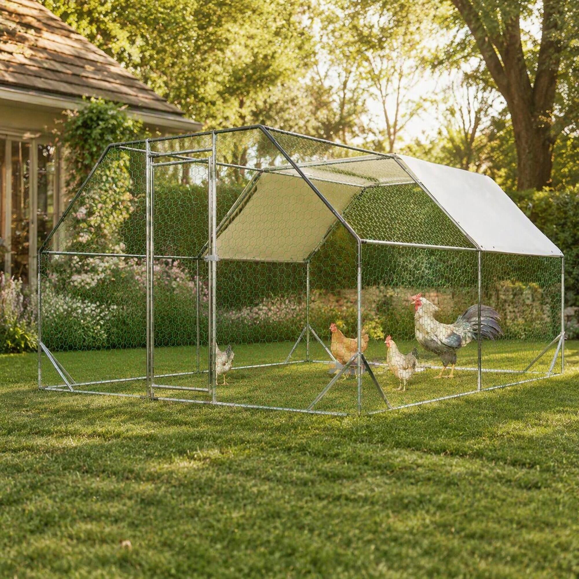 Angle. RYHNUYNE - 10x13 Ft Galvanized Metal Walk-In Chicken Coop, Weatherproof Poultry Run with Water-Resistant Tarp.