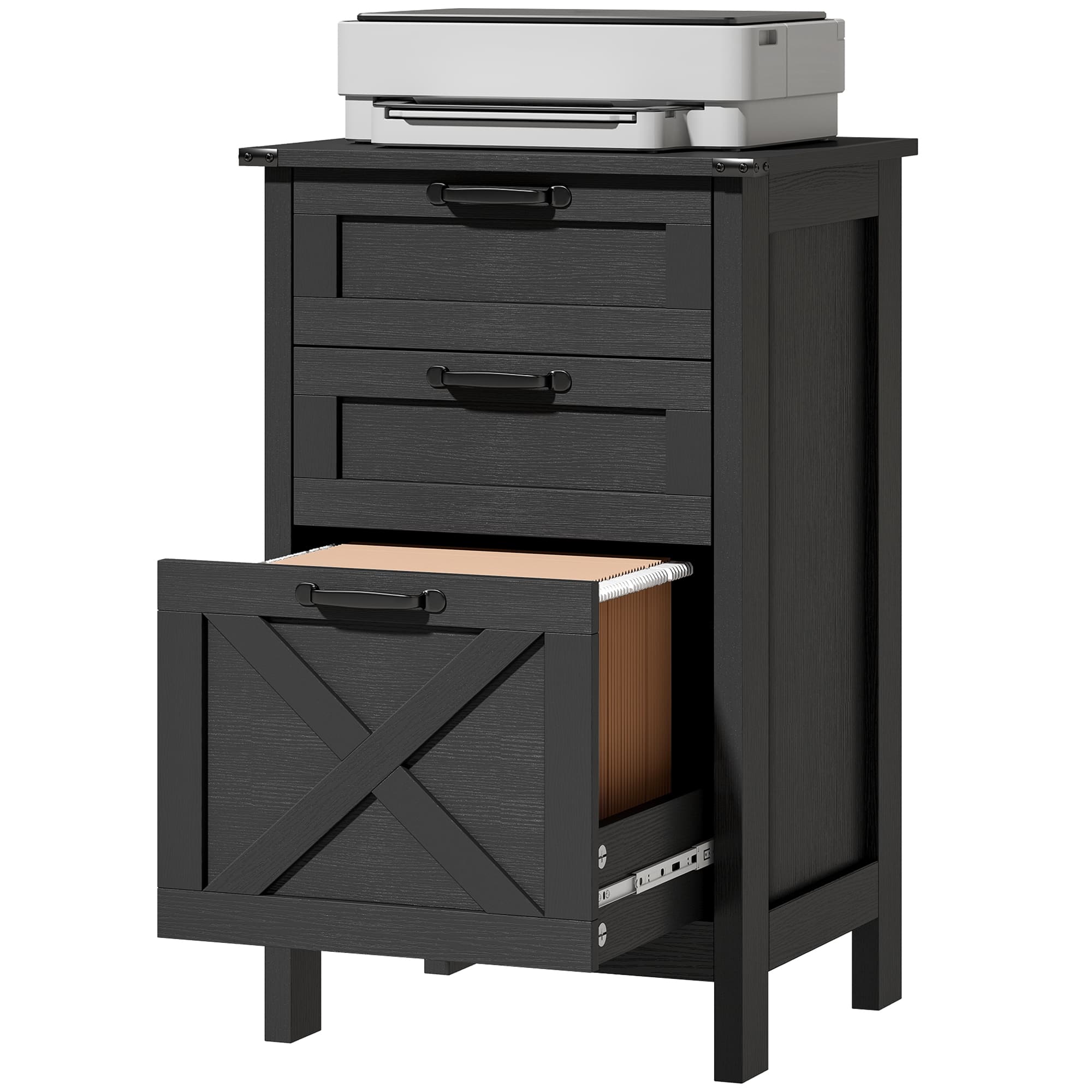 Homcom - File Cabinet with 3 Drawers, Rustic Farmhouse Office Storage Cabinet for A4, Letter Size - Black