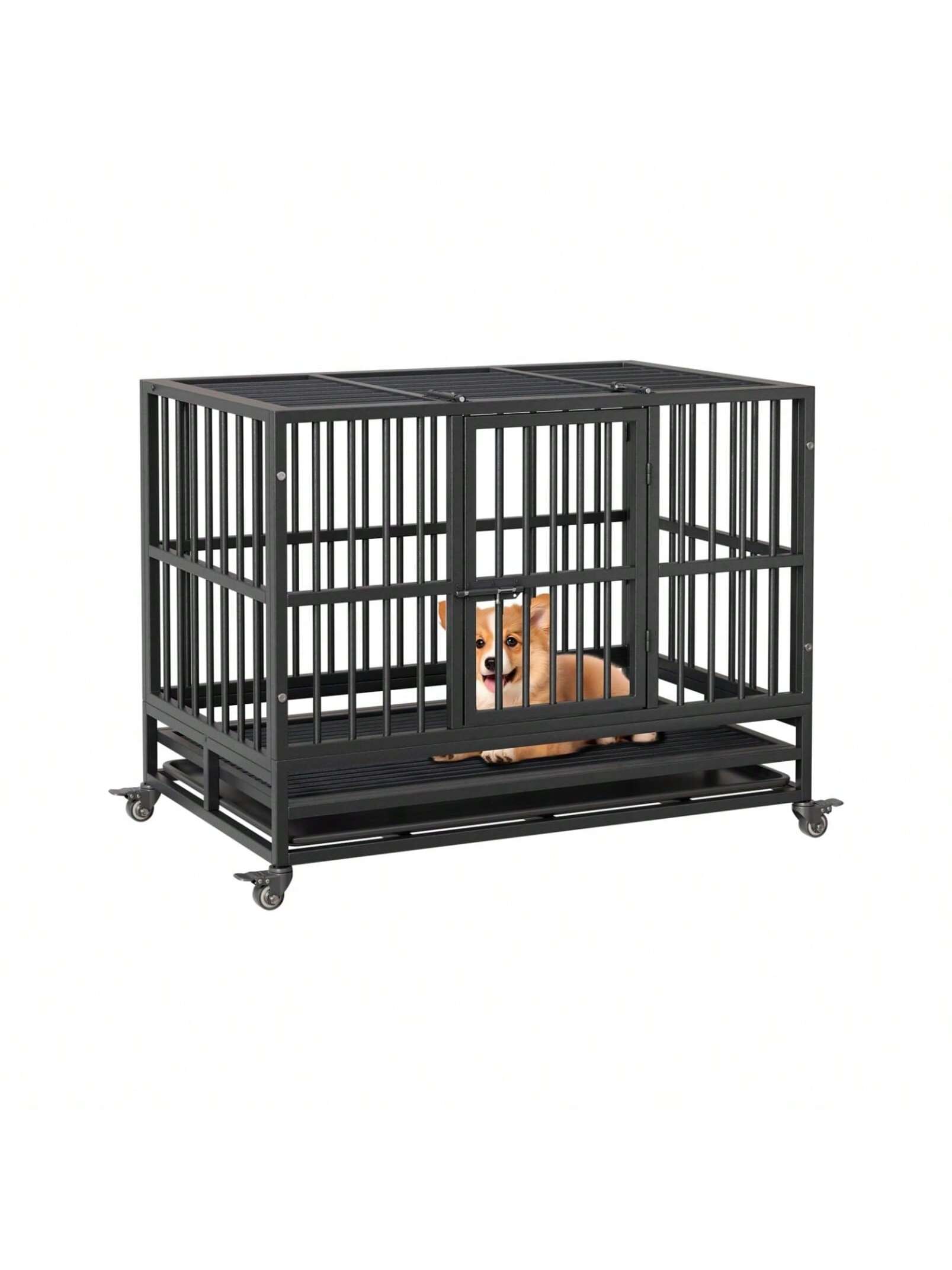 Front. Acekool - 37" Folding Dog Crate with Wheels, Heavy Duty Metal Kennel, Double Door & Removable Tray, Small Breed Crate, Black.