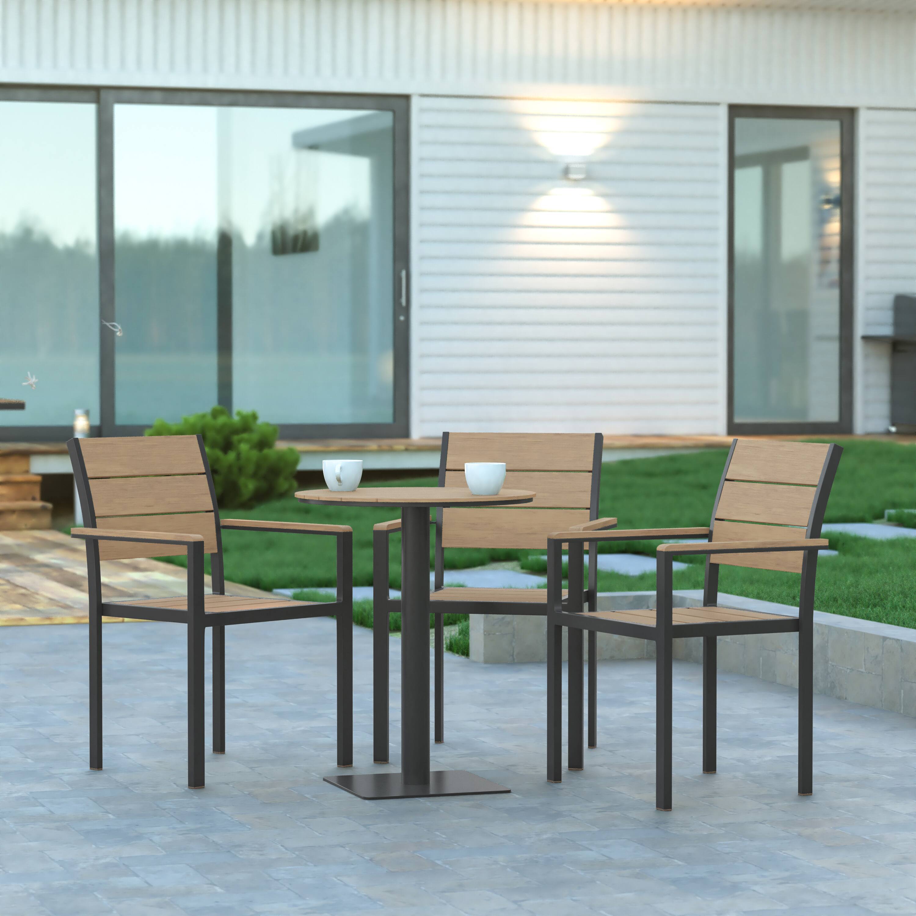Alt View 4. Emma + Oliver - Fena Outdoor Stacking Side Chair with Faux Teak Poly Slat Seat, Back and Arms and Metal Frame - Natural.