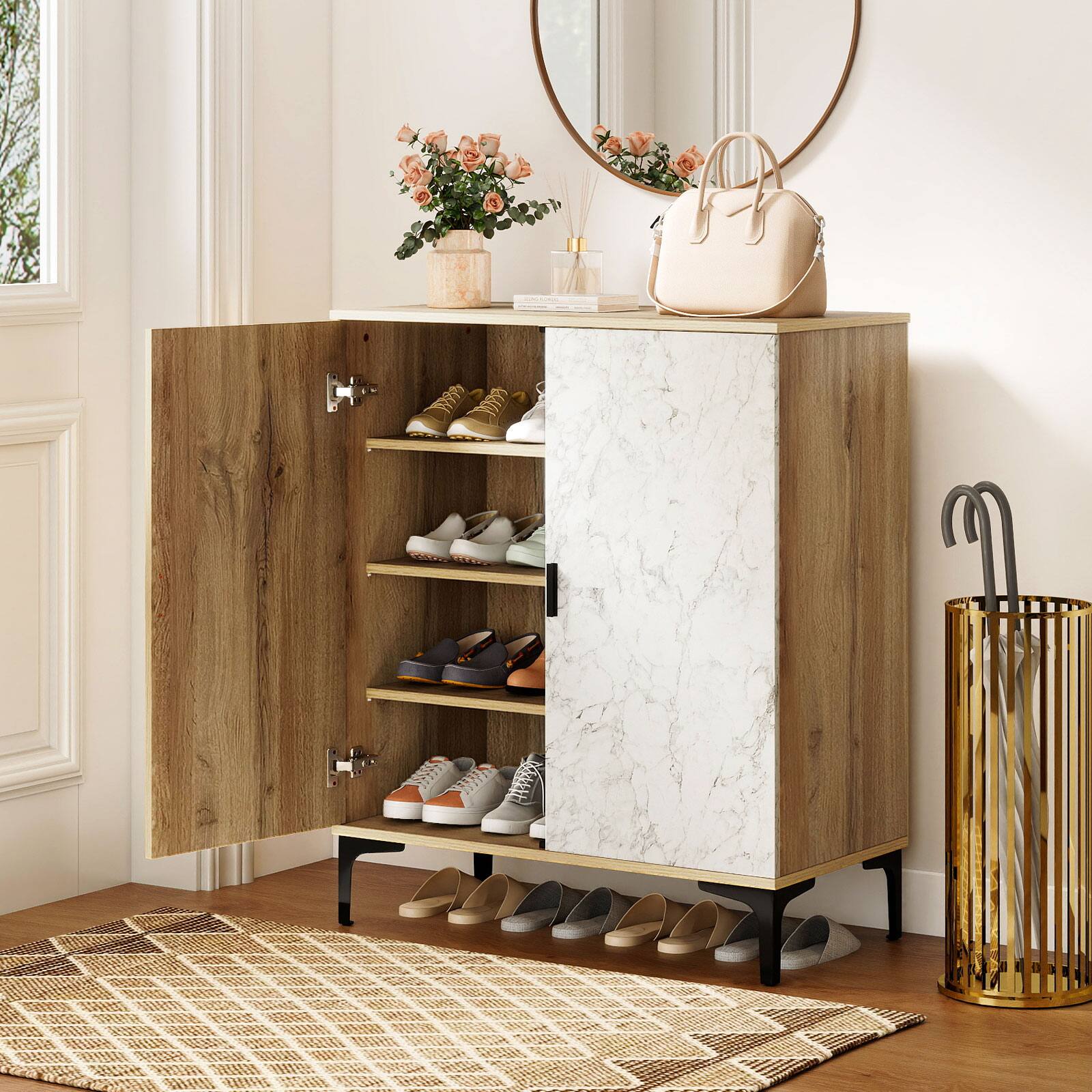 Alt View 4. Gymax - Gymax 4 Tier Shoe Cabinet w/ Doors Removable Shelves & Metal Legs for Entryway - White.