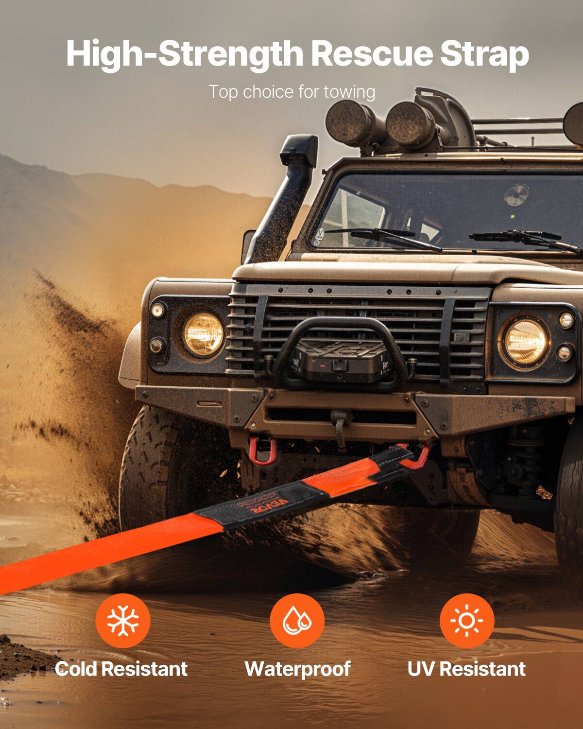 High-Strength Rescue Strap  
Top choice for towing  

Cold Resistant  
Waterproof  
UV Resistant