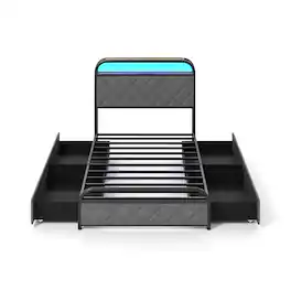 LUCKY ONE - Twin Assembled Platform Bed Frame with LED Lights Charging Station Storage Headboard - Black-Twin