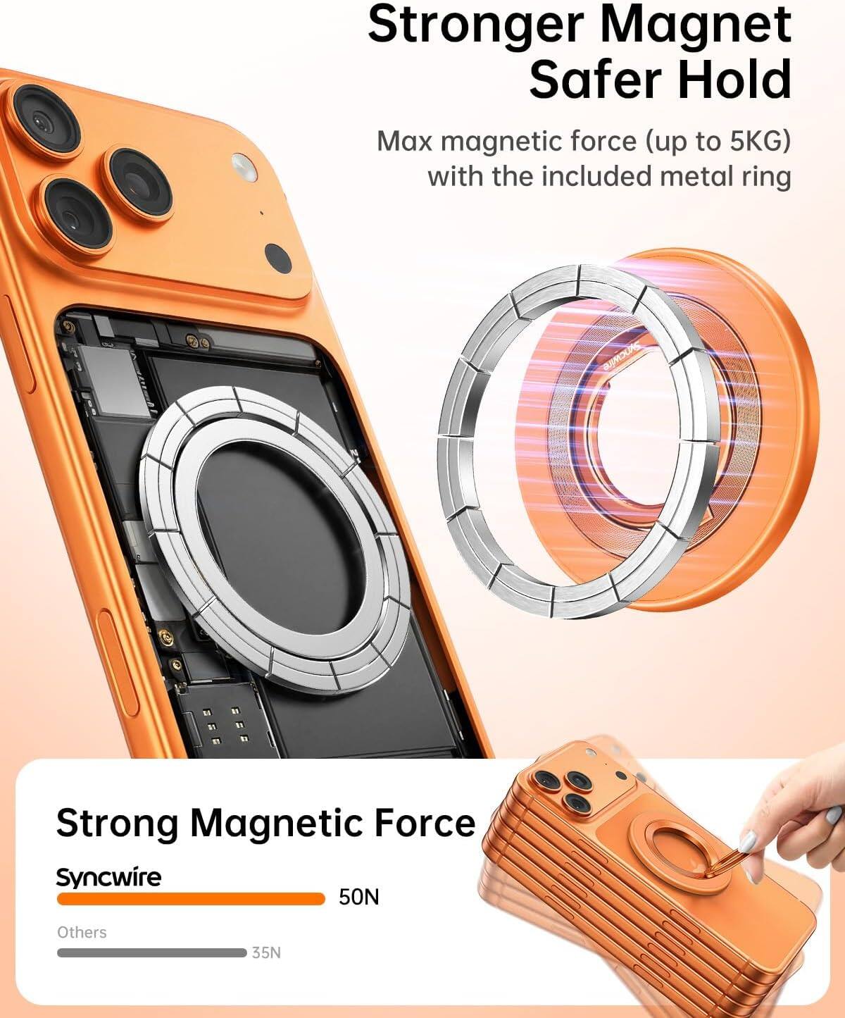 Stronger Magnet Safer Hold  
Max magnetic force (up to 5KG) with the included metal ring

Syncwire  
Strong Magnetic Force  
Syncwire 50N  
Others 35N