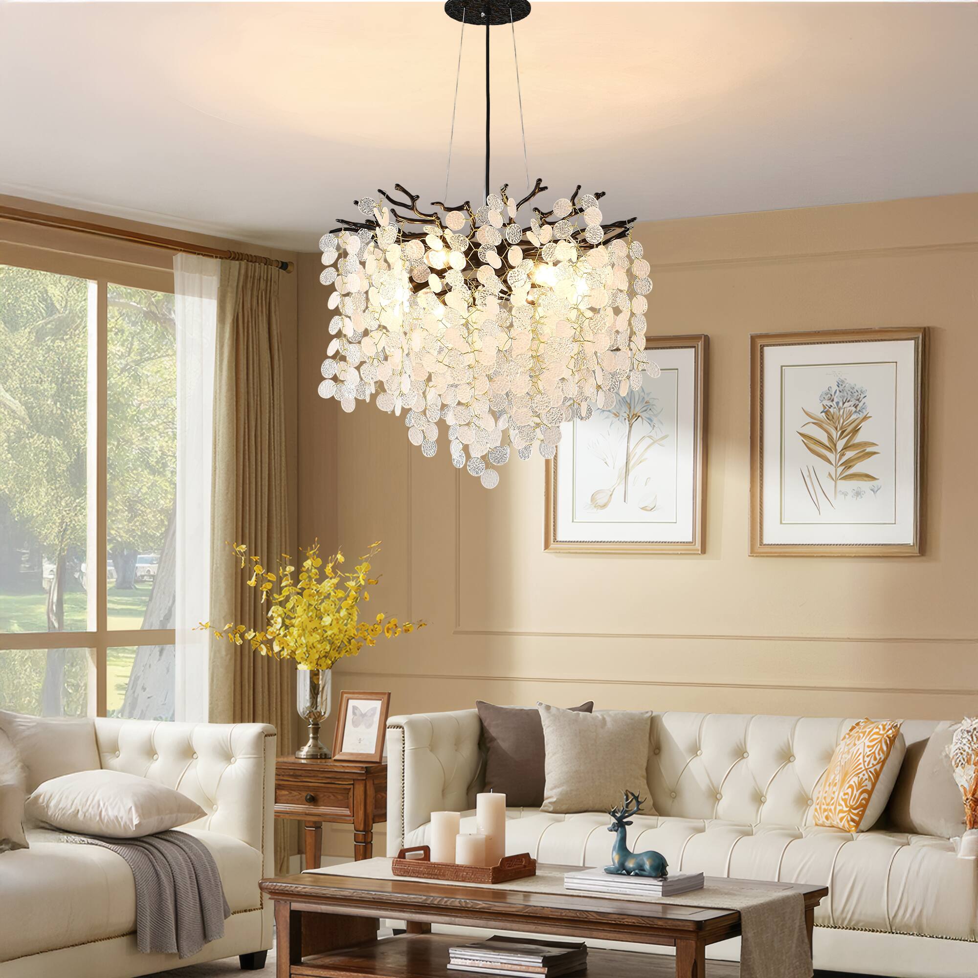 Back. RYHNUYNE - Modern Black Tree Branch Chandelier with Snowflake Accents 6-Light Adjustable Linear Pendant Light for Dining Room.