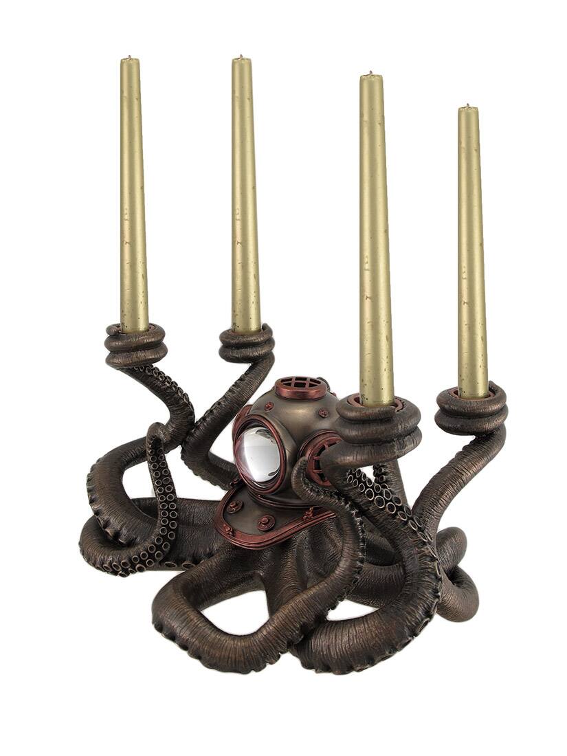 Alt View 1. Veronese Design - Incredibly Cool Steampunk Diver Octopus 4 Candle Candelabra - Black.