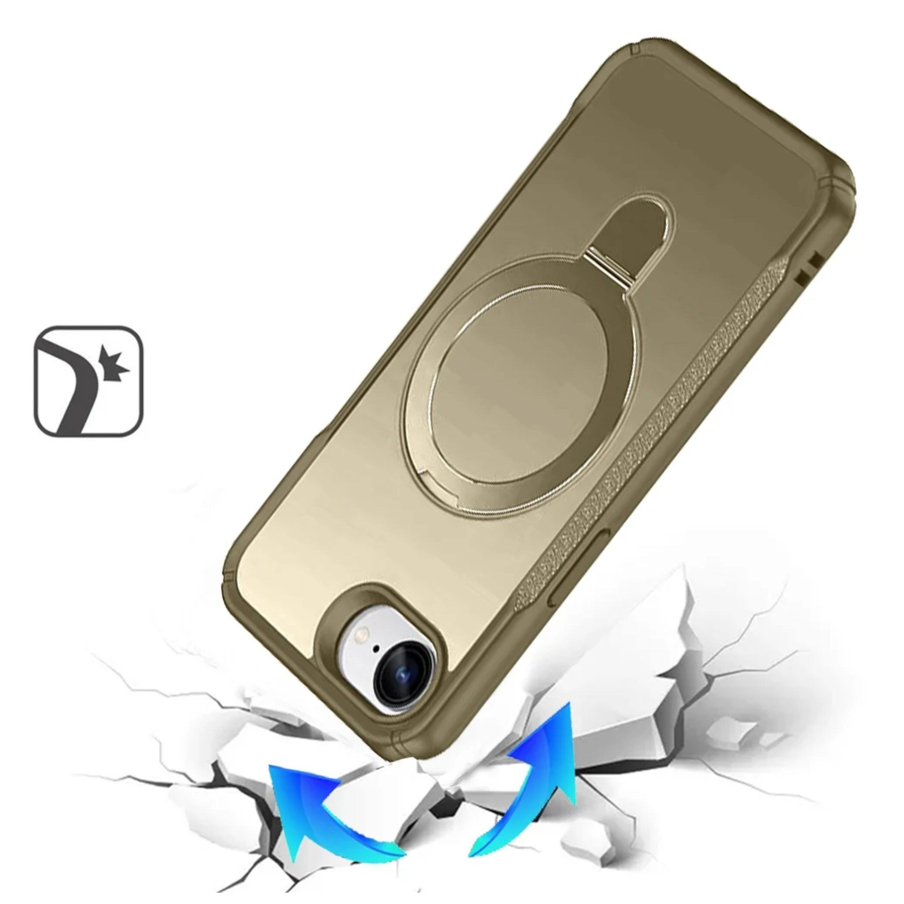 Angle. Kitcheniva - Matte Hybrid Magnetic Circle Stand Phone Case With Tempered Glass For iPhone 16e/17e Khaki - Khaki.