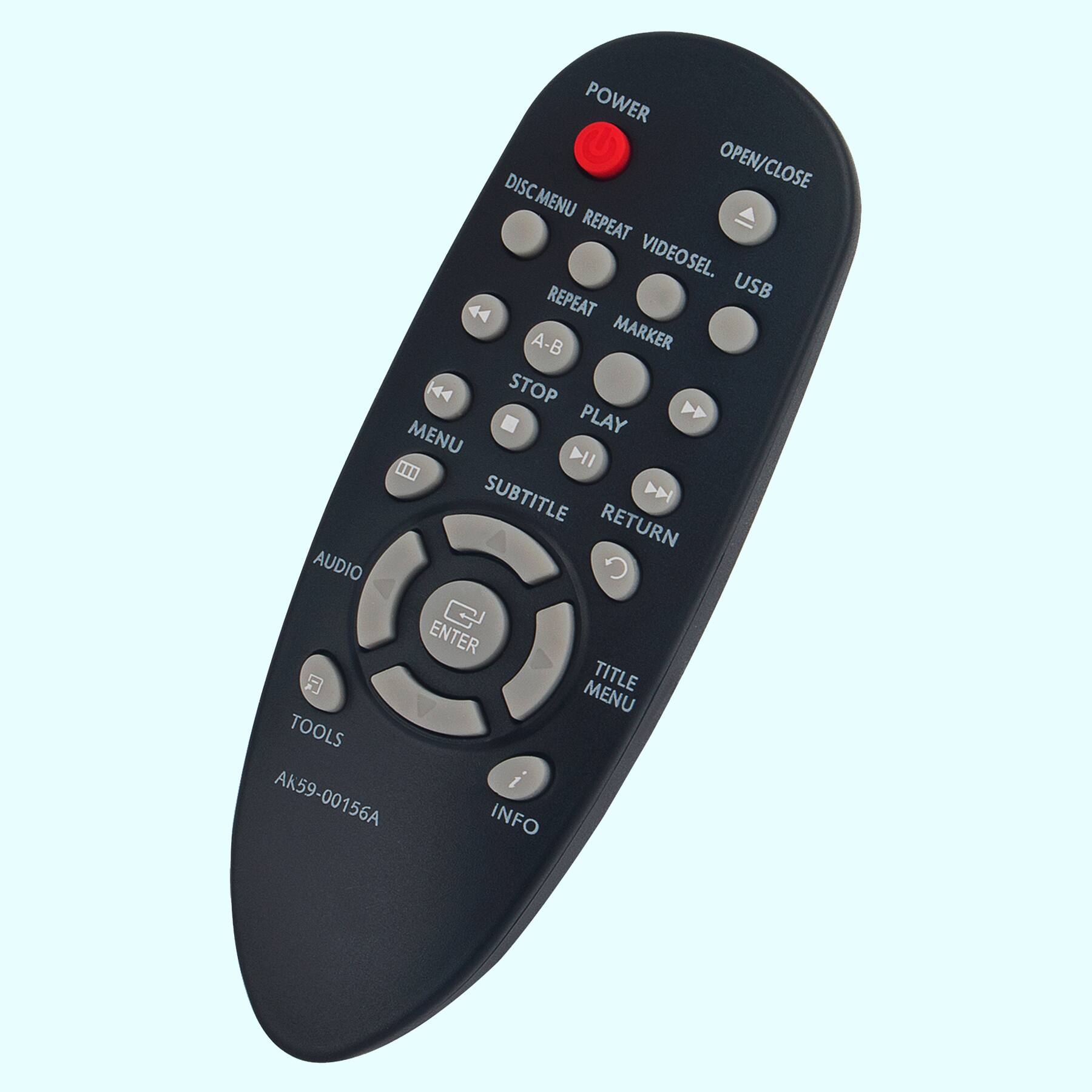 POWER OPEN/CLOSE DISC MENU REPEAT VIDEOSEL. USB REPEAT A-B MARKER STOP PLAY MENU SUBTITLE RETURN AUDIO ENTER TITLE MENU TOOLS INFO  
AK59-00156A