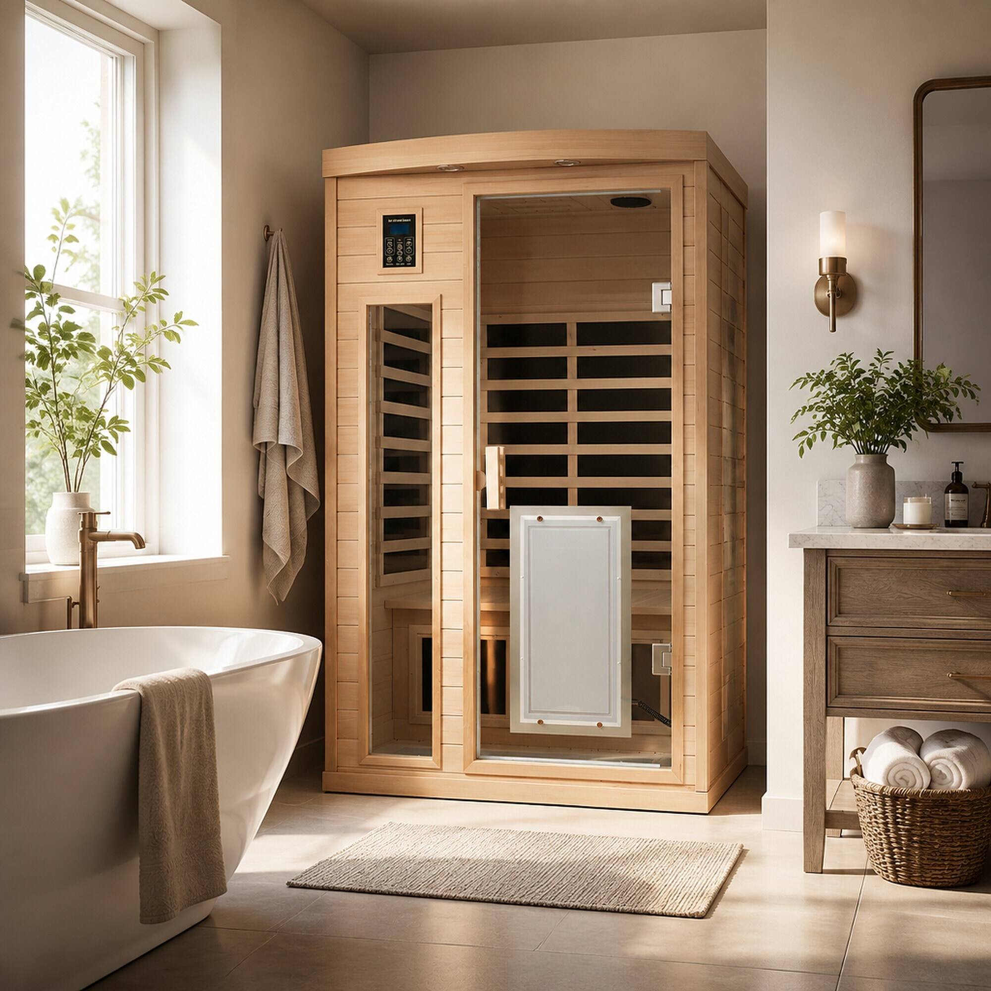 Back. RYHNUYNE - Two Person Far Infrared Sauna, Hemlock Wood, Low EMF, 8 Heating Panels, 1750W, Bluetooth Audio, Indoor Use - Natural Wood.