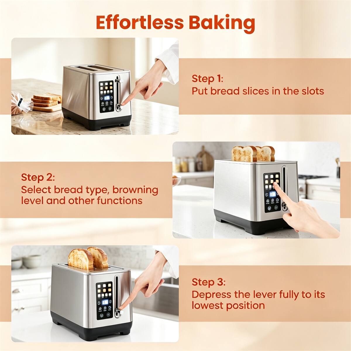 Effortless Baking

Step 1: Put bread slices in the slots

Step 2: Select bread type, browning level and other functions

Step 3: Depress the lever fully to its lowest position