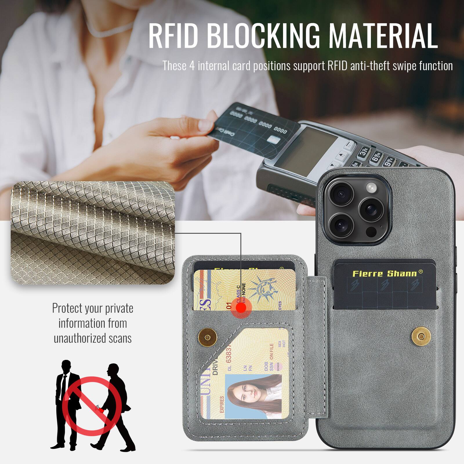 RFID BLOCKING MATERIAL

These 4 internal card positions support RFID anti-theft swipe function

Protect your private information from unauthorized scans

Fierre Shann