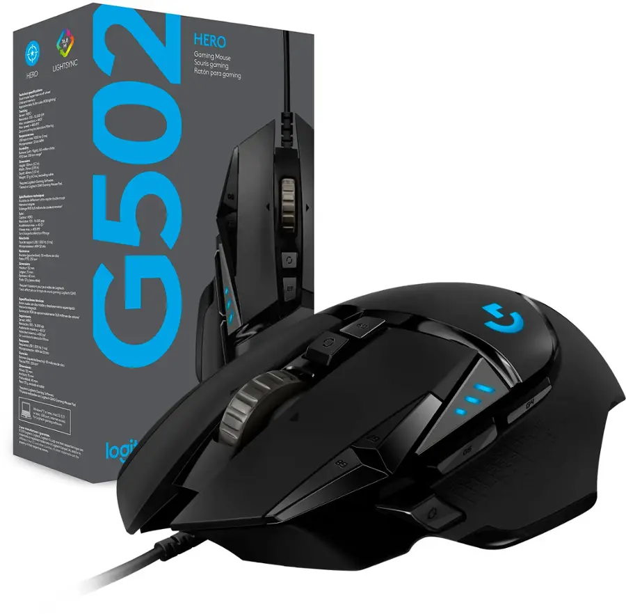 The image features a black computer mouse with a blue light on the side, which is the Logitech G502 Hero gaming mouse. The mouse is sitting next to its box, which is also black and white. The box contains the gaming mouse and its accompanying accessories.
