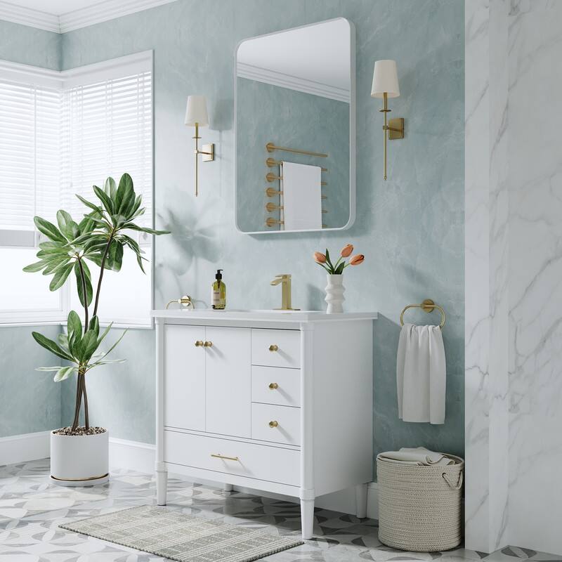 Angle. WELLFOR - 36" Freestanding Bathroom Vanity with Single Sink，Solid Wood Bath Vanity with Soft-Close Doors & Drawer - White.