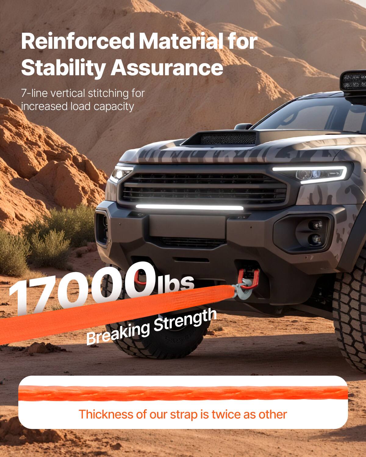 Reinforced Material for Stability Assurance  
7-line vertical stitching for increased load capacity  

17000 lbs Breaking Strength  

Thickness of our strap is twice as other