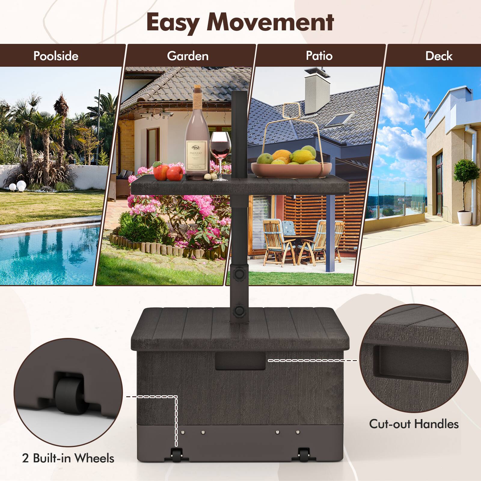 Easy Movement

Poolside Garden Patio Deck

2 Built-in Wheels

Cut-out Handles