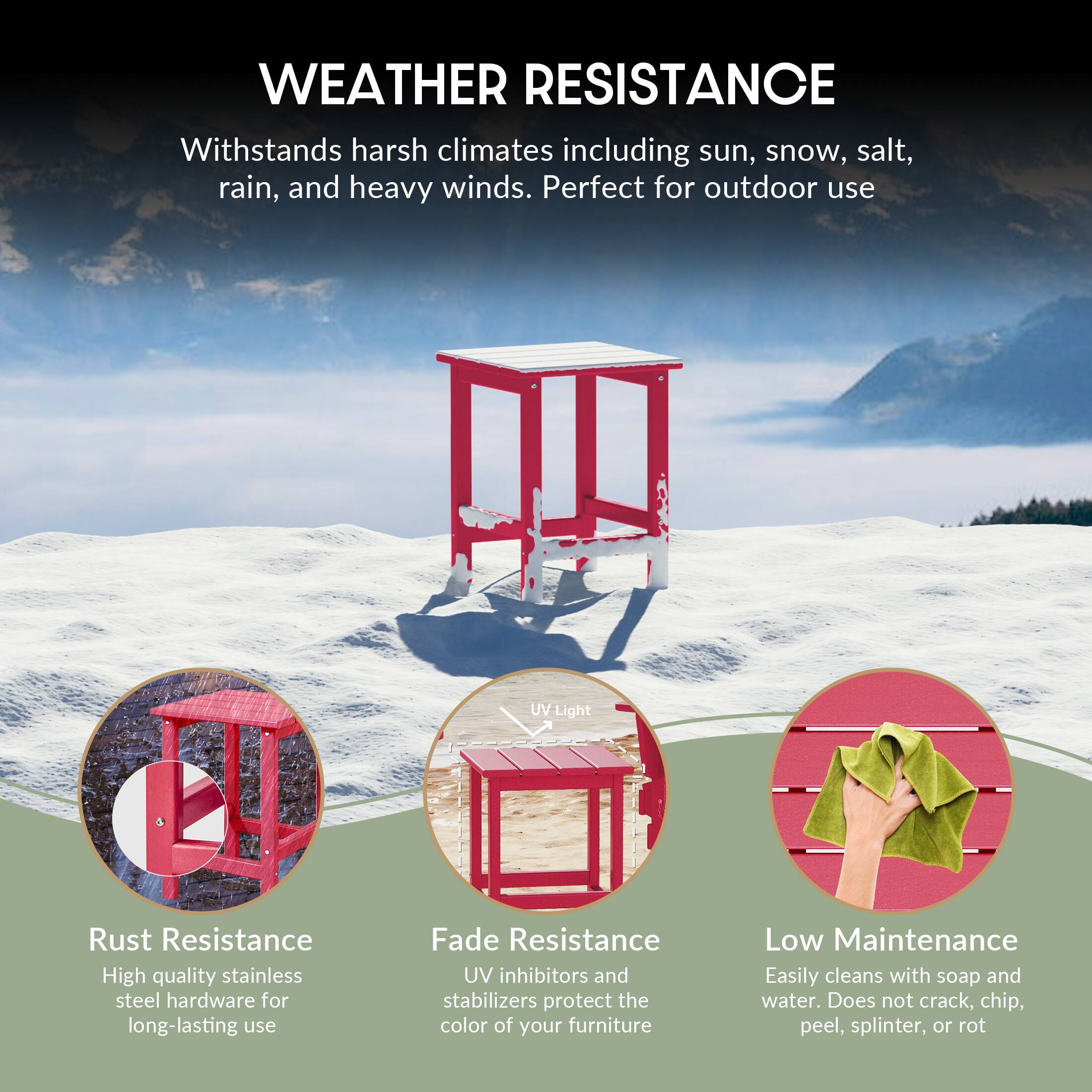 WEATHER RESISTANCE  
Withstands harsh climates including sun, snow, salt, rain, and heavy winds. Perfect for outdoor use.

- Rust Resistance  
  High quality stainless steel hardware for long-lasting use

- Fade Resistance  
  UV inhibitors and stabilizers protect the color of your furniture

- Low Maintenance  
  Easily cleans with soap and water. Does not crack, chip, peel, splinter, or rot