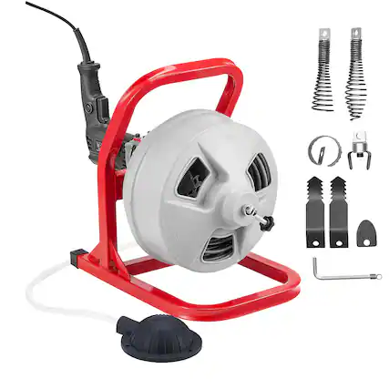 Front. VEVOR - Drain Cleaner Machine 50 FT x 5/16 Inch, Sewer Snake Auger with 228RPM Electric Drill, Manual Feed Drain - Red stand + gray drum.