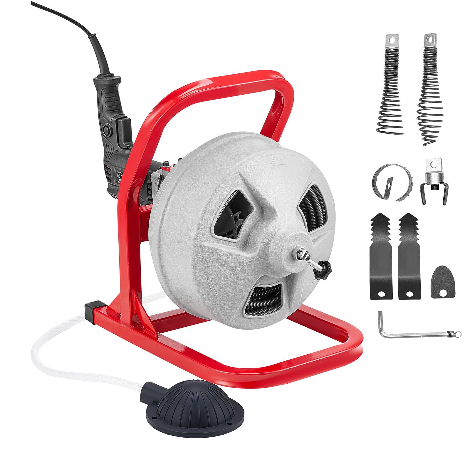 Front. VEVOR - Drain Cleaner Machine 50 FT x 5/16 Inch, Sewer Snake Auger with 228RPM Electric Drill, Manual Feed Drain - Red stand + gray drum.