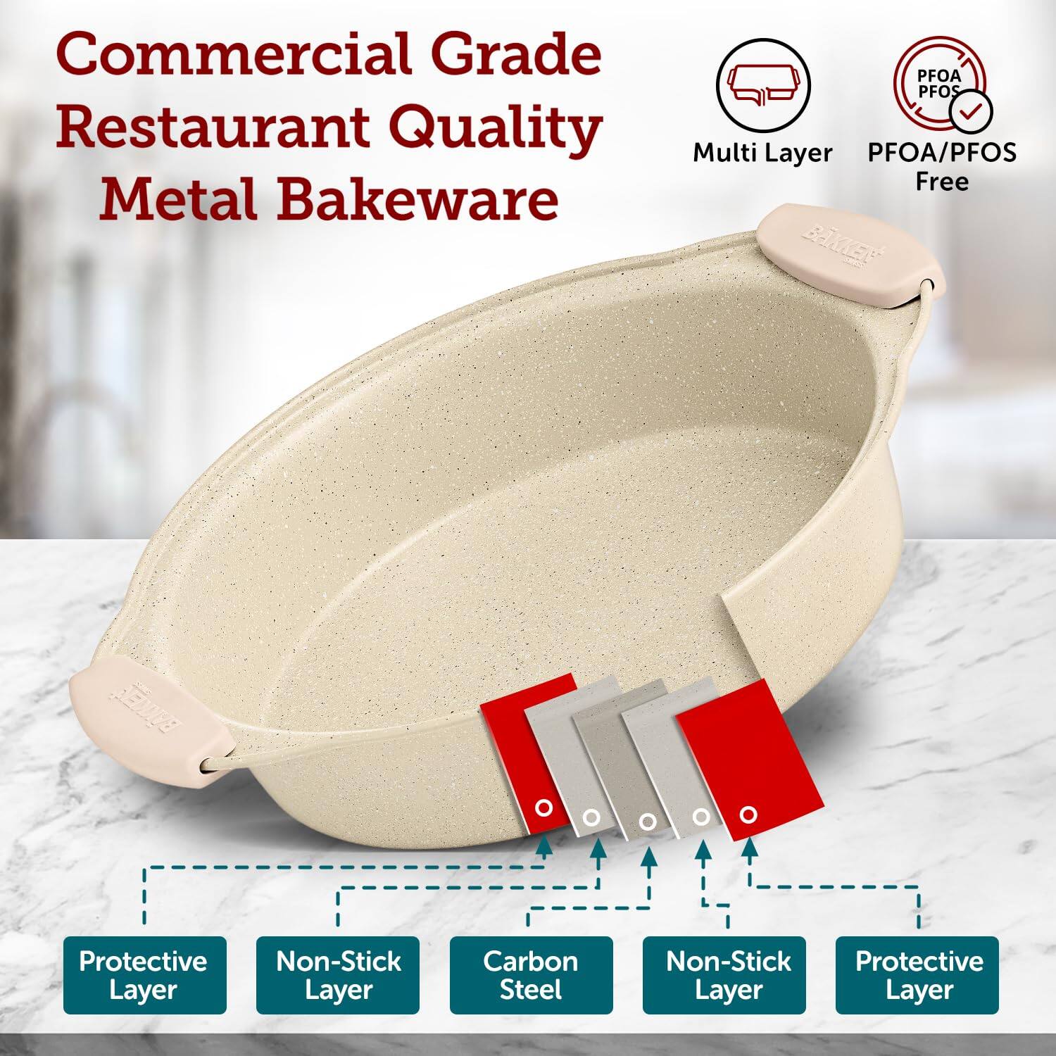 Commercial Grade Restaurant Quality Metal Bakeware, Multi Layer, PFOA/PFOS Free, Protective Layer, Non-Stick Layer, Carbon Steel, Non-Stick Layer, Protective Layer