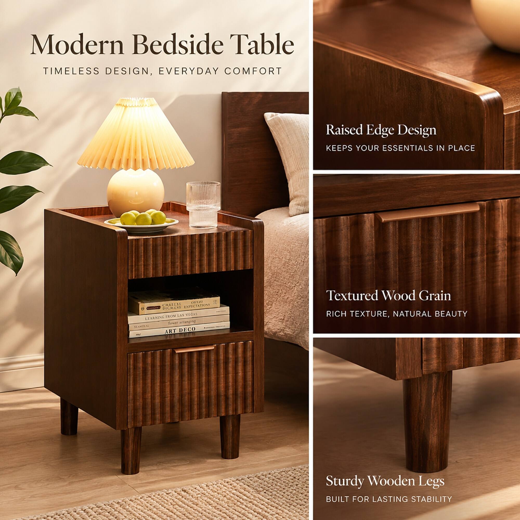 RYHNUYNE Brown Fluted Wood Nightstands, 2 Pack Bedside Tables, Drawer ...