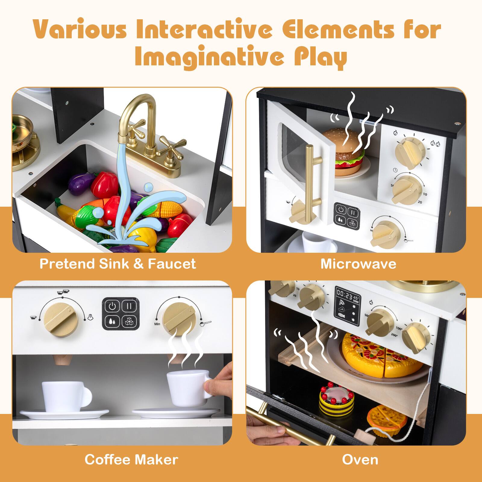 Various Interactive Elements for Imaginative Play

- Pretend Sink & Faucet
- Microwave
- Coffee Maker
- Oven