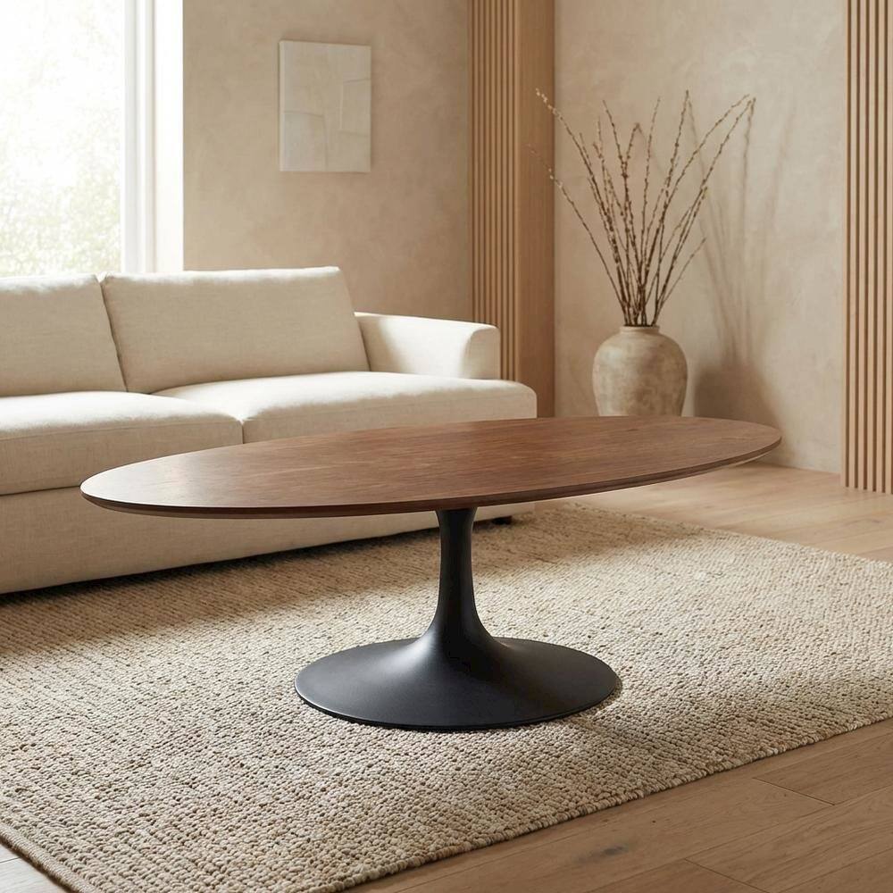 Left. FurniFact - Oval wood coffee table with set of two, sleek design, modern style - Brown.
