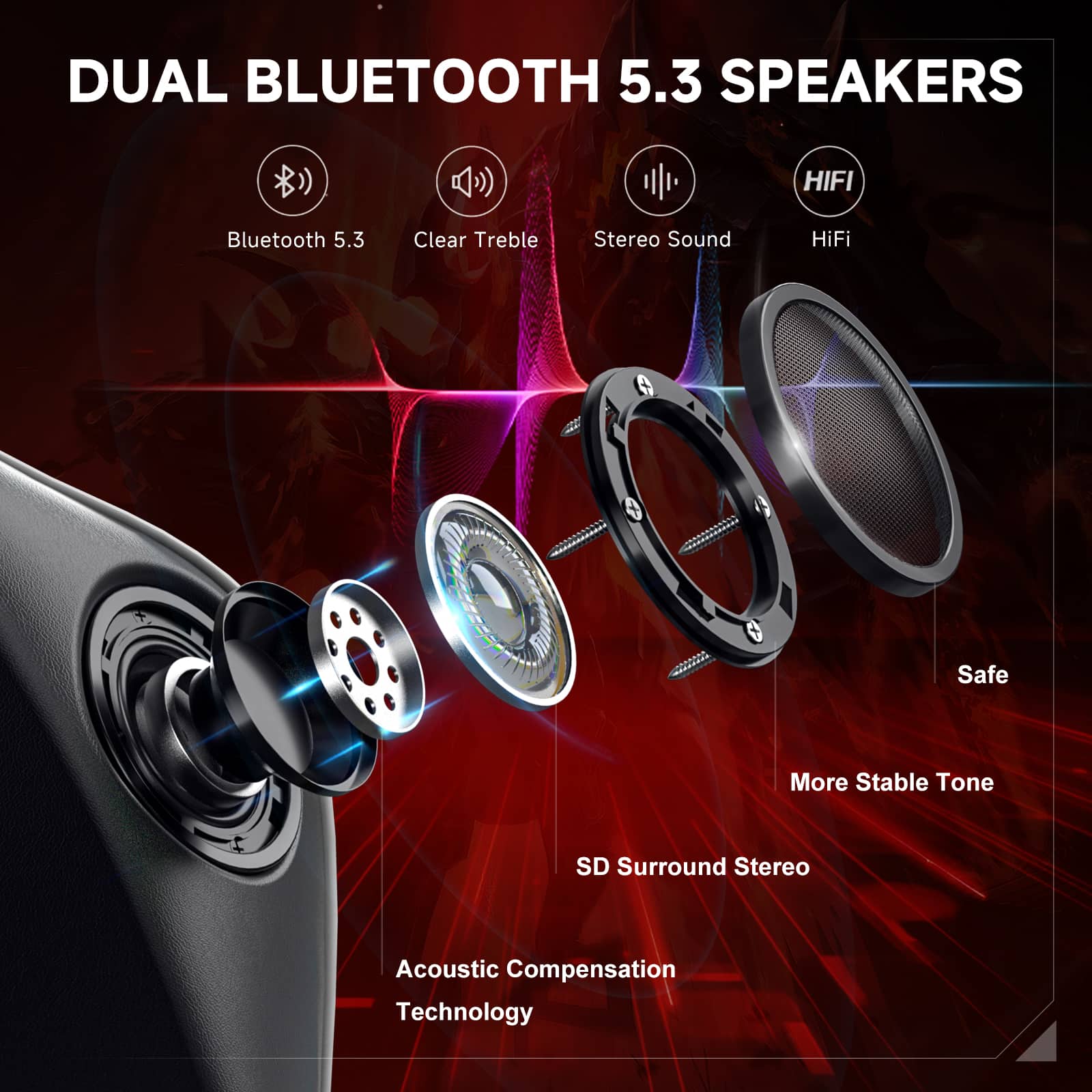 DUAL BLUETOOTH 5.3 SPEAKERS
Bluetooth 5.3
Clear Treble
Stereo Sound
HiFi
Safe
More Stable Tone
SD Surround Stereo
Acoustic Compensation Technology