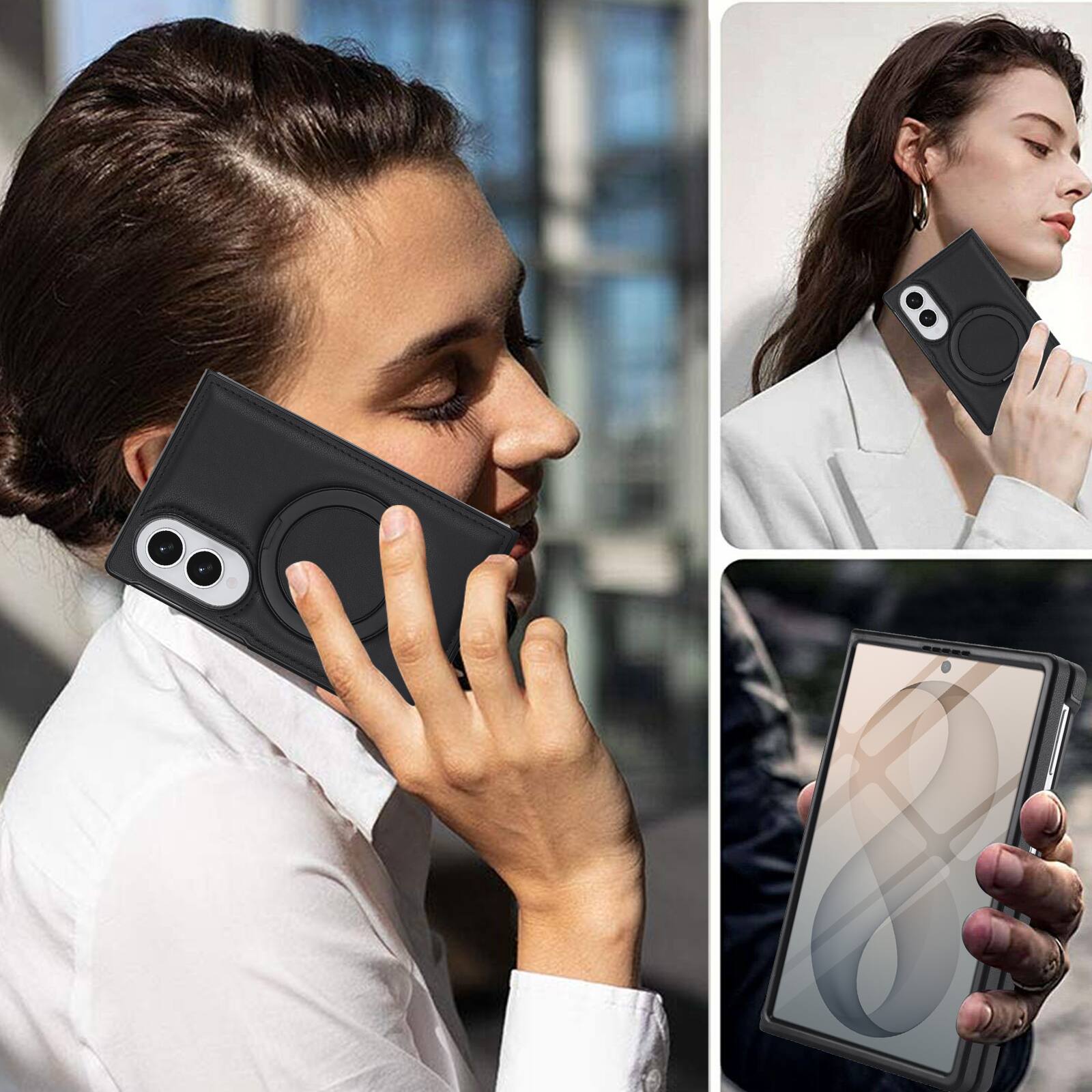 Alt View 3. Dteck - Shockproof Case for Samsung Galaxy Z Fold8 with Stand, Magnetic Leather Texture Rigid Plastic Cover Built in Screen Film - Black.