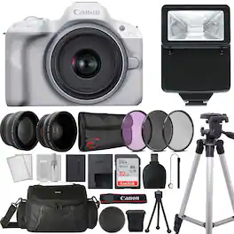 Canon - EOS R50 Mirrorless Camera with 18-45mm Lens Complete Creator Bundle - White