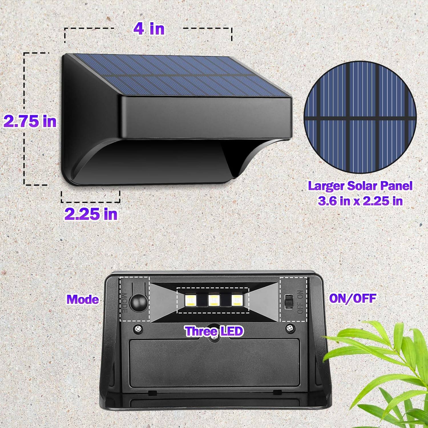 - Dimensions: 4 in x 2.75 in x 2.25 in
- Larger Solar Panel: 3.6 in x 2.25 in
- Mode
- Three LED
- ON/OFF