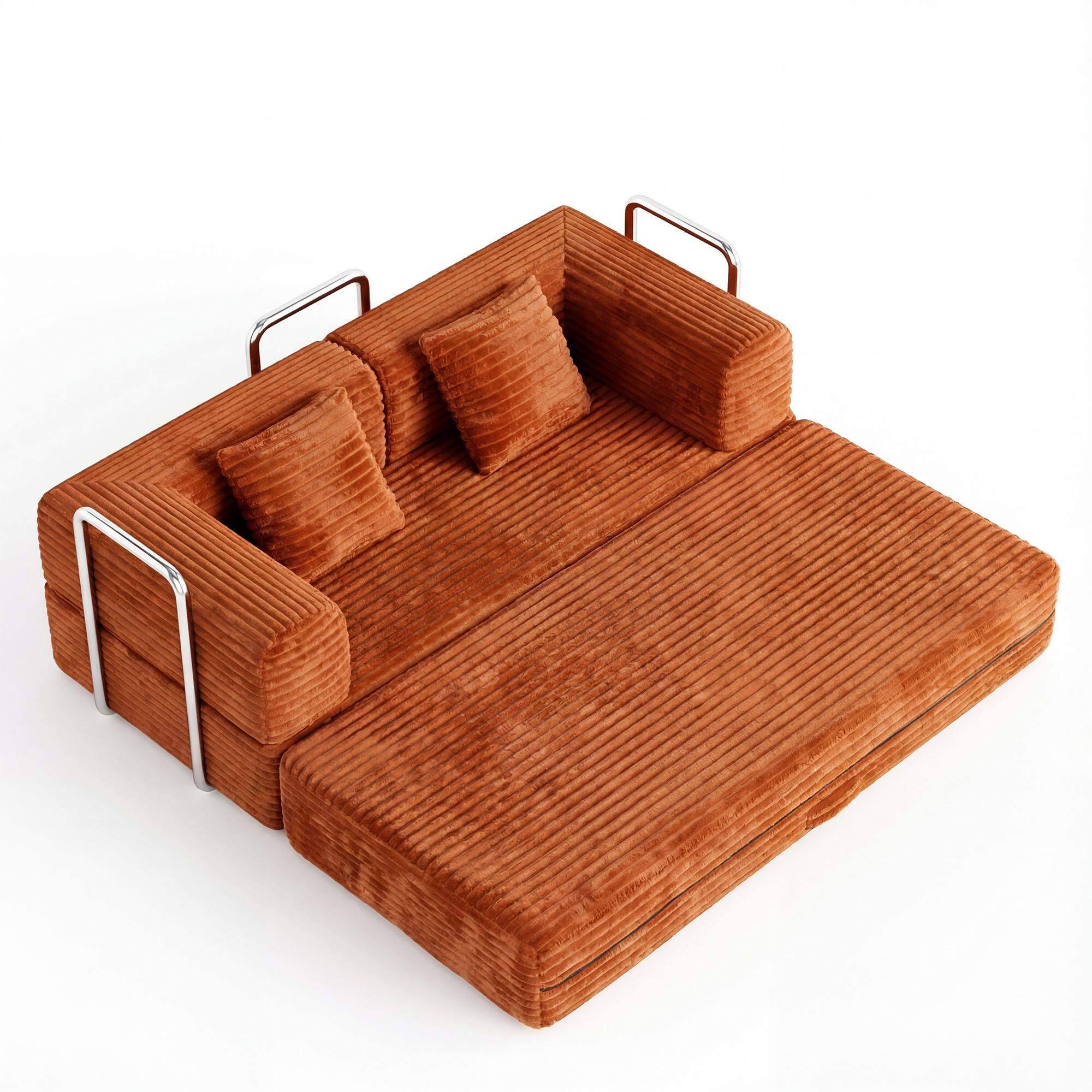 Left. Roomtec - 78.7inch multifunctional sofa bed corduroy fabricfor families with children and apartment living rooms - Rust Red.