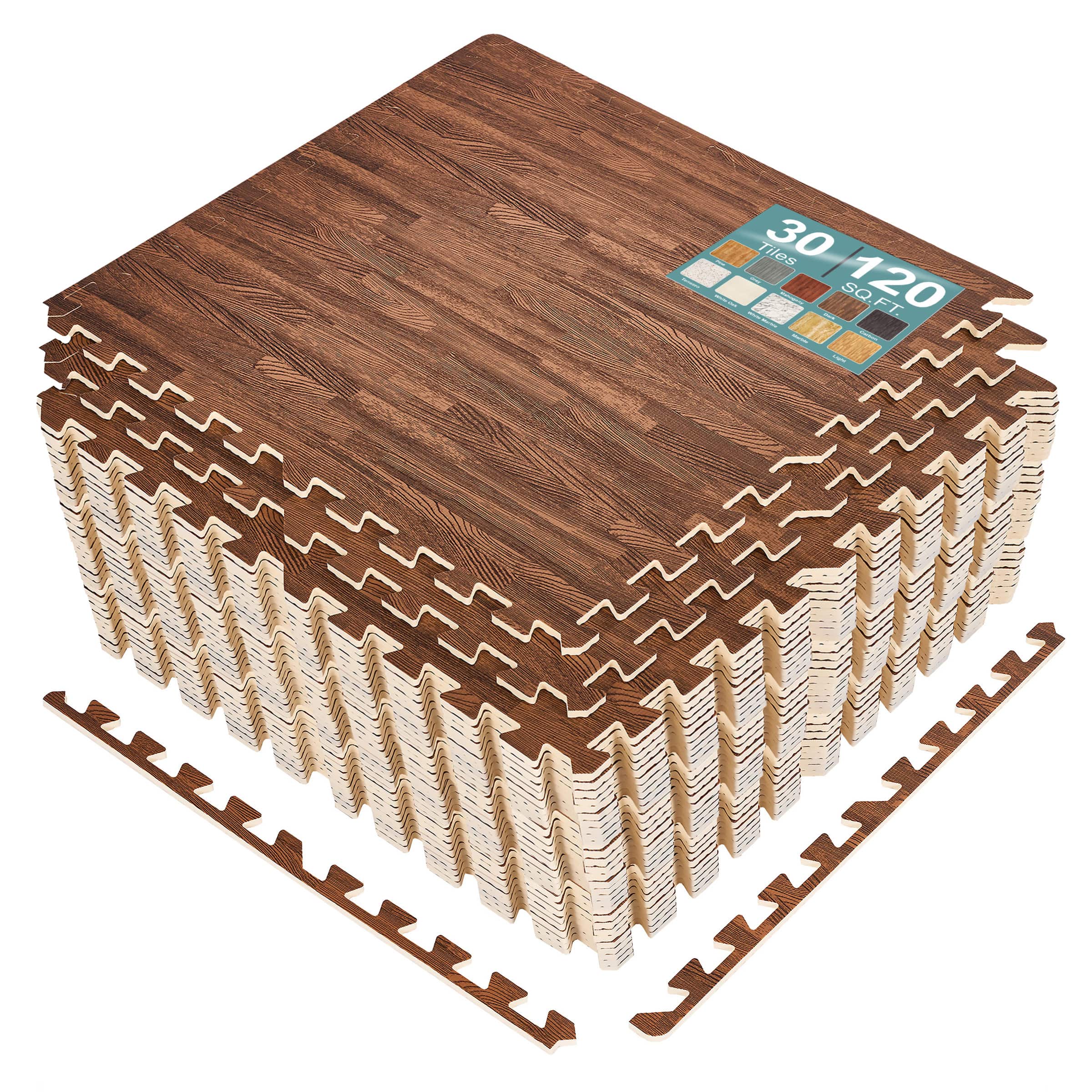 Sorbus - 3/8-Inch Thick 120 Sq. Ft. Wood Grain Floor Foam EVA Interlocking Mats Tiles w/ Borders - for Home, Trade Show - Dark Brown