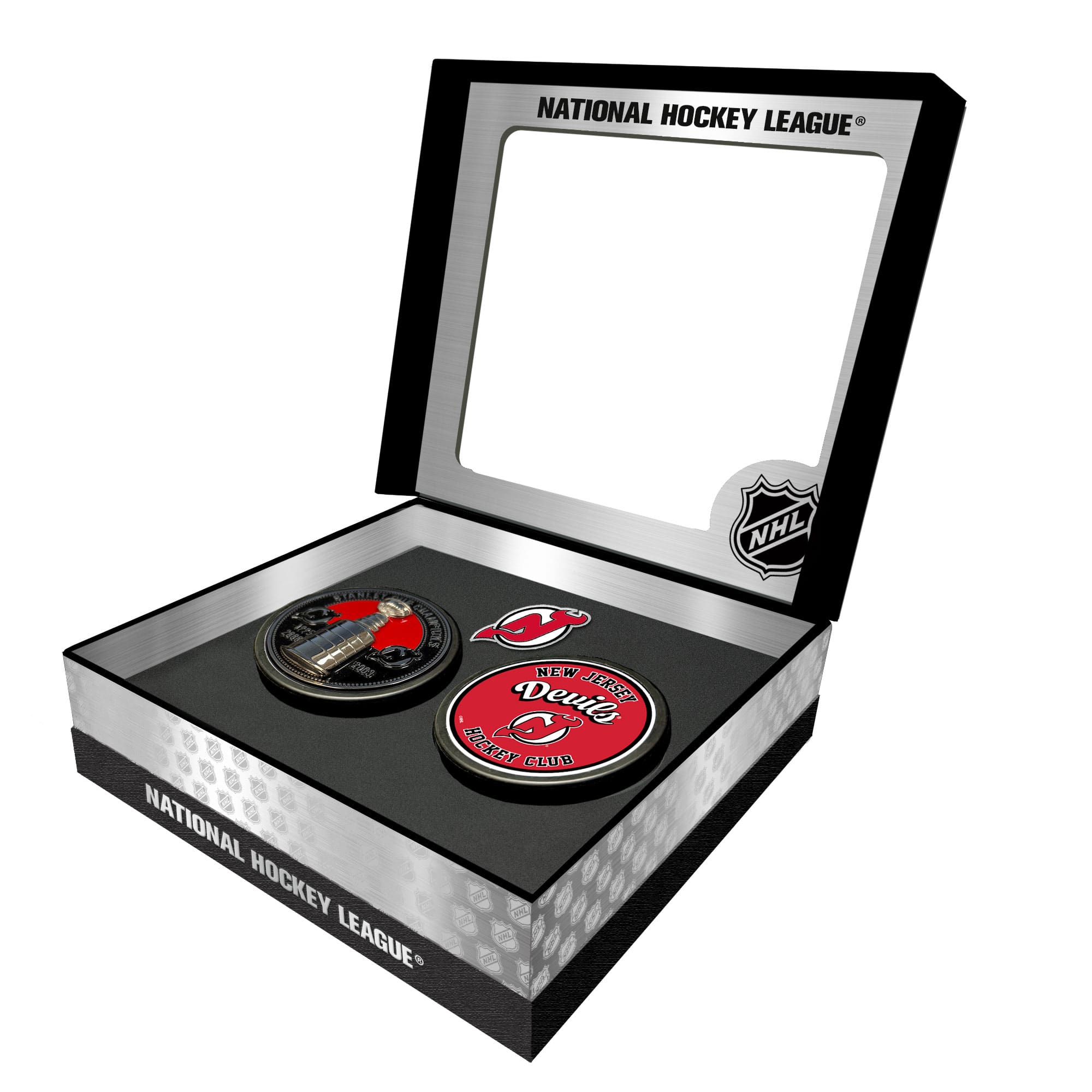 Mustang Drinkware - New Jersey Devils Stanley Cup Retro Puck & 3D Cup Puck Gift Box Set - Multicolor