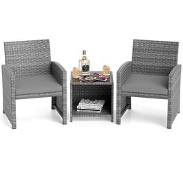Costway - 3 PCS Patio Furniture Set with Tempered Glass Coffee Table & Soft Seat Cushions - Gray