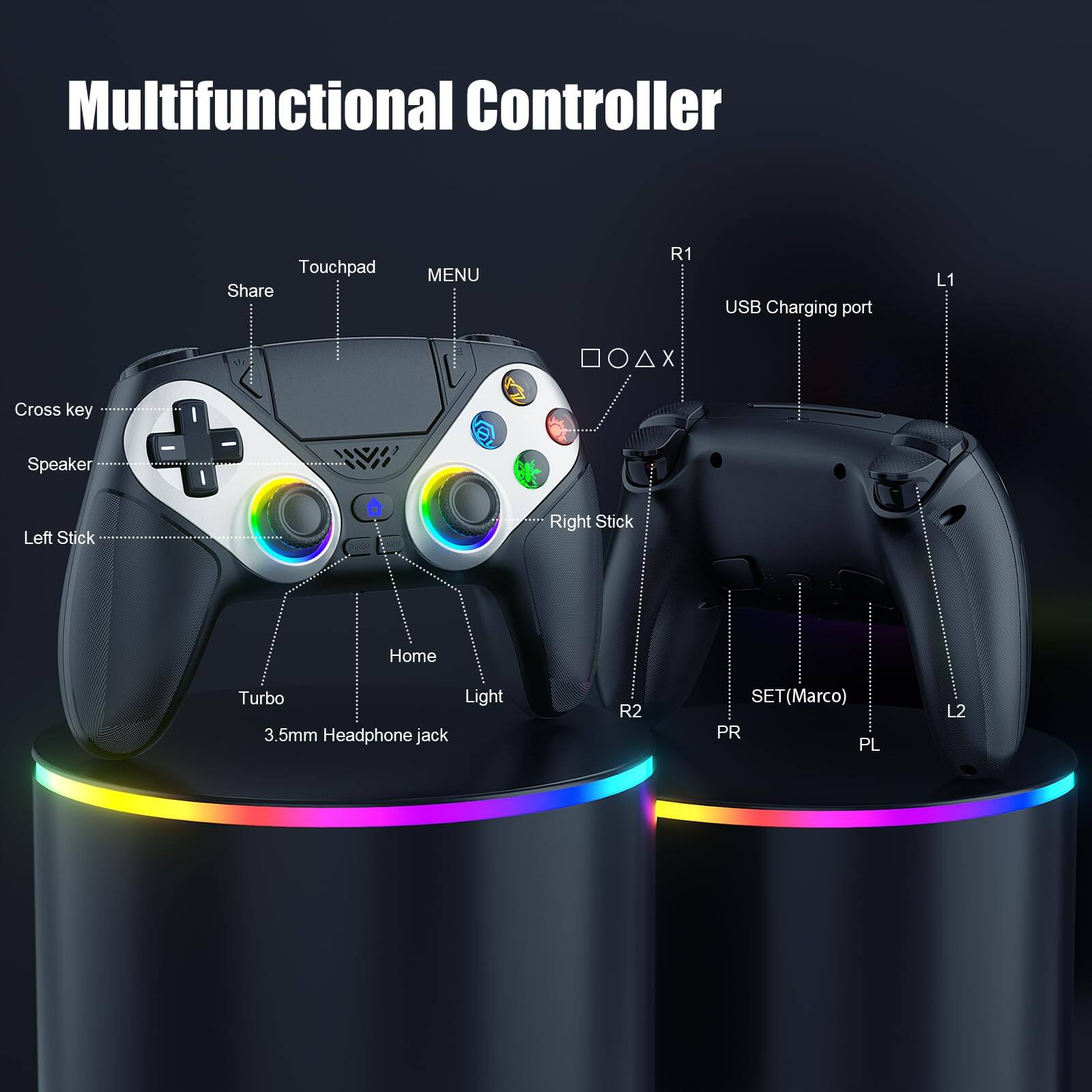 Multifunctional Controller

- Touchpad
- Share
- MENU
- Cross key
- Speaker
- Left Stick
- Right Stick
- Home
- Turbo
- Light
- 3.5mm Headphone jack
- R1
- USB Charging port
- L1
- R2
- SET(Marco)
- PR
- PL
- L2