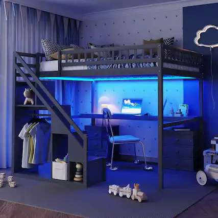 Front. Anysun - Full Size Loft Bed with Two Chest of Drawers, Desk and Light Strip - Gray.