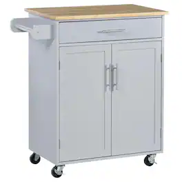 PULUZ - Kitchen Island Cart, Rolling Island Table with Solid Wood Top, Trolley Cart with Drawer, Storage Cabinet & Towel Rack - Gray