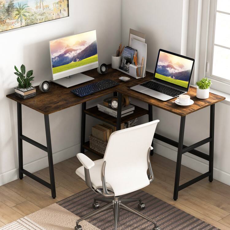 Left. SlickBlue - L-Shaped Corner Computer Desk with Storage Shelves – Home Office Workstation - Brown.