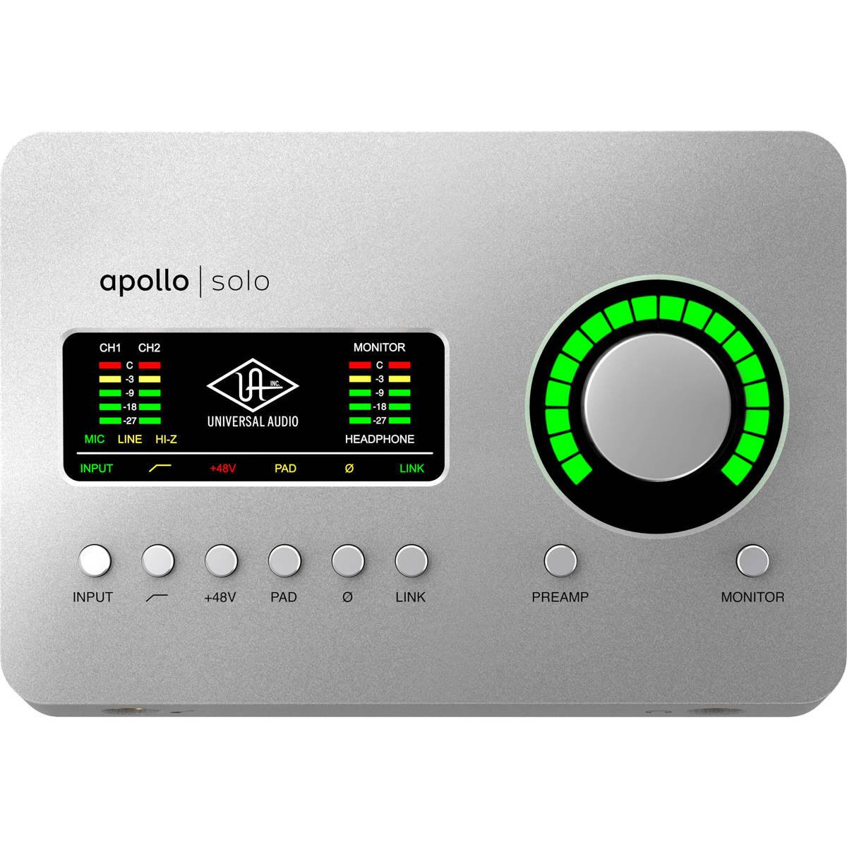 apollo solo

CH1 CH2
C -3 -9 -18 -27
MIC LINE HI-Z
INPUT +48V PAD

MONITOR
C -3 -9 -18 -27
HEADPHONE
INPUT +48V PAD

UNIVERSAL AUDIO

PREAMP
MONITOR