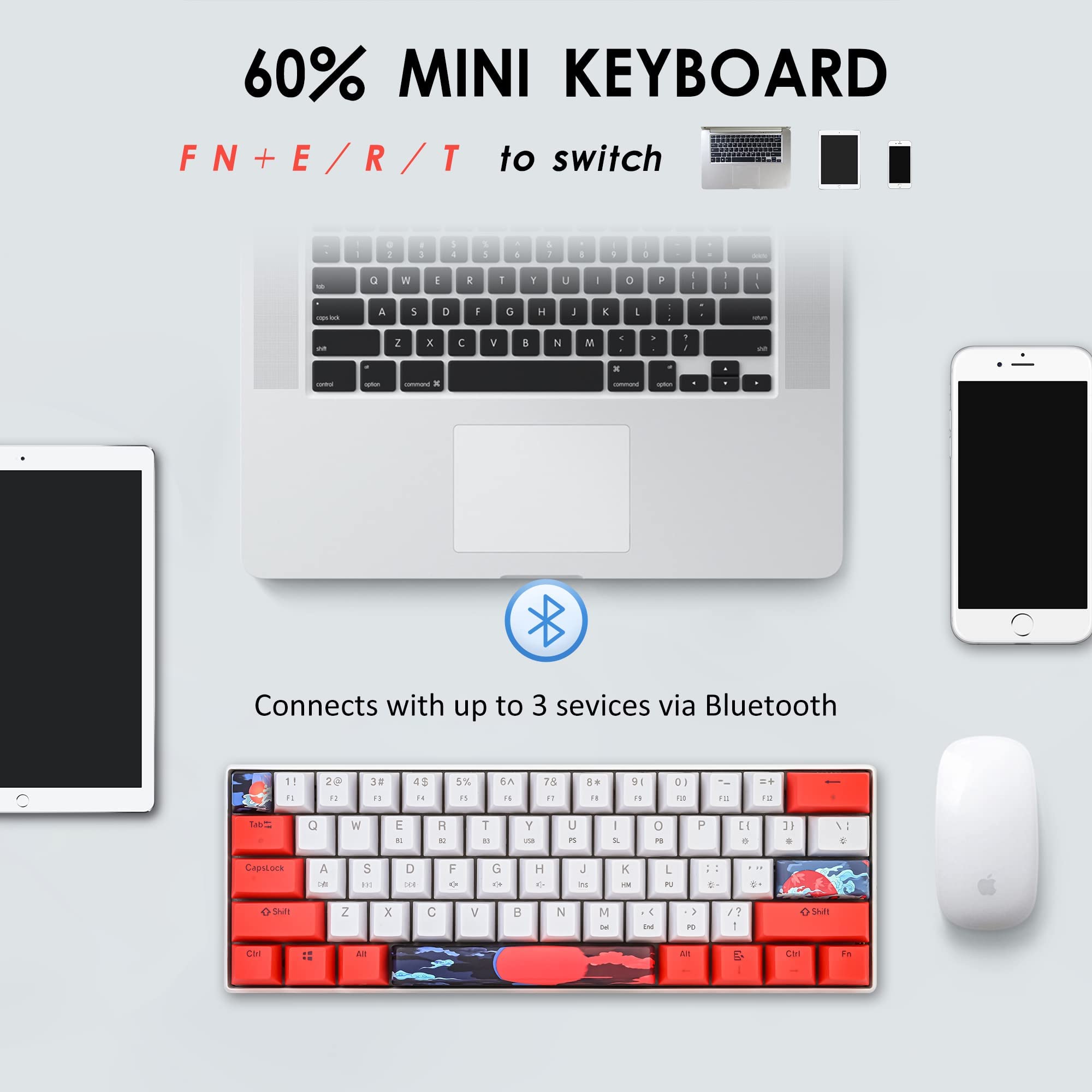 60% MINI KEYBOARD

FN + E / R / T to switch

Connects with up to 3 services via Bluetooth
