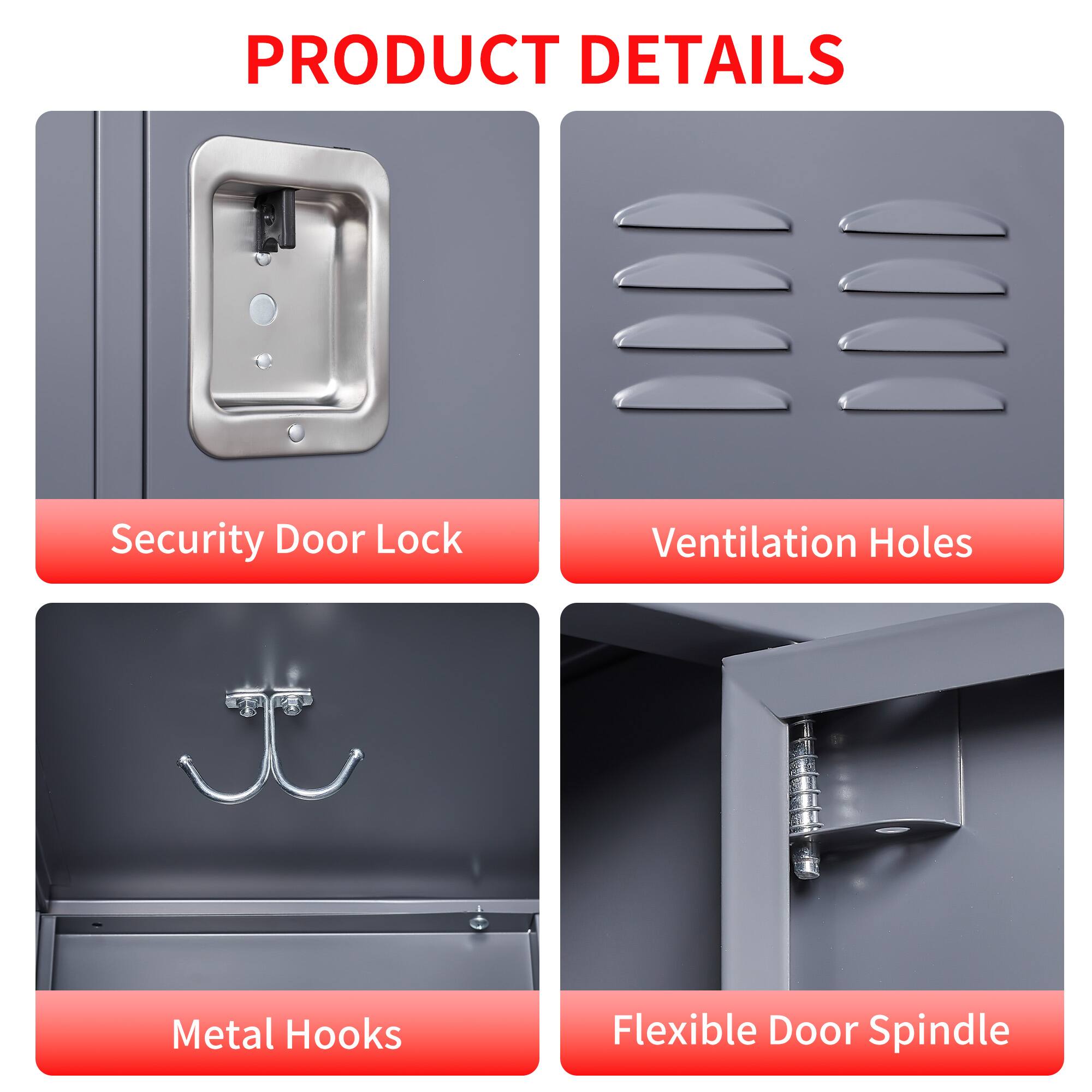 PRODUCT DETAILS

- Security Door Lock
- Ventilation Holes
- Metal Hooks
- Flexible Door Spindle
