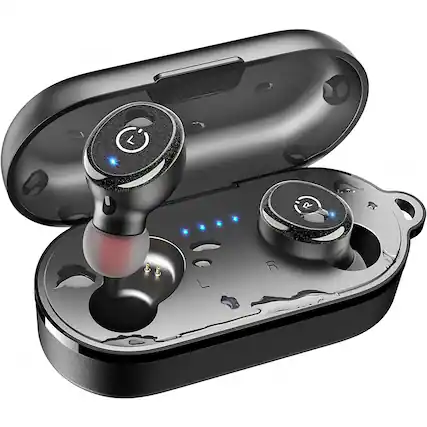 Front. TOZO - Tozo T10S Bluetooth Wireless Earbuds, Waterproof, Touch Controls with Wireless Charging Case - Black - Black.