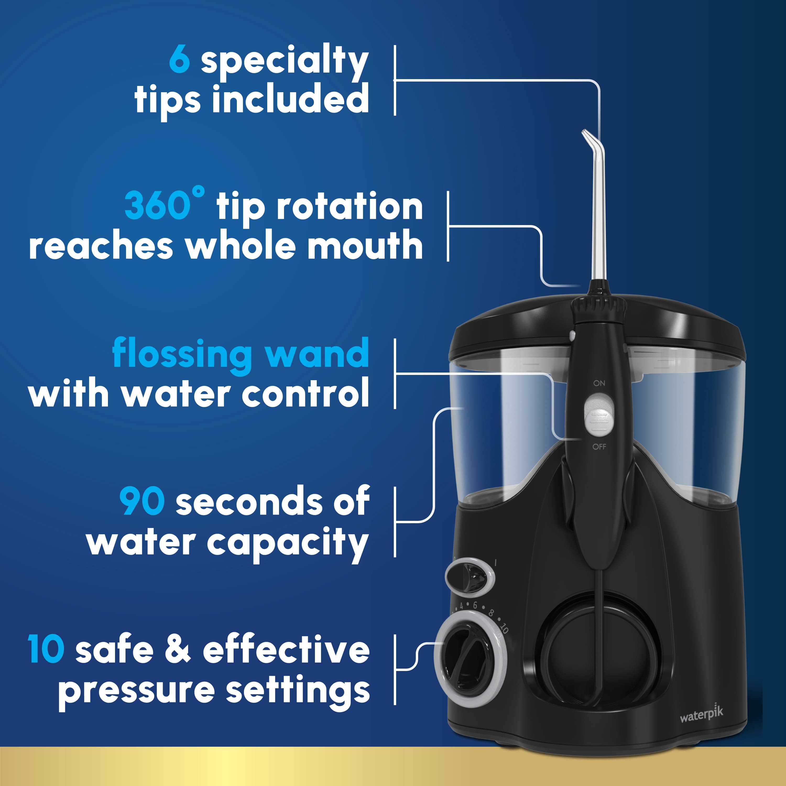 6 specialty tips included, 360° tip rotation reaches whole mouth, flossing wand with water control, 90 seconds of water capacity, 10 safe & effective pressure settings - Bi1o waterpik