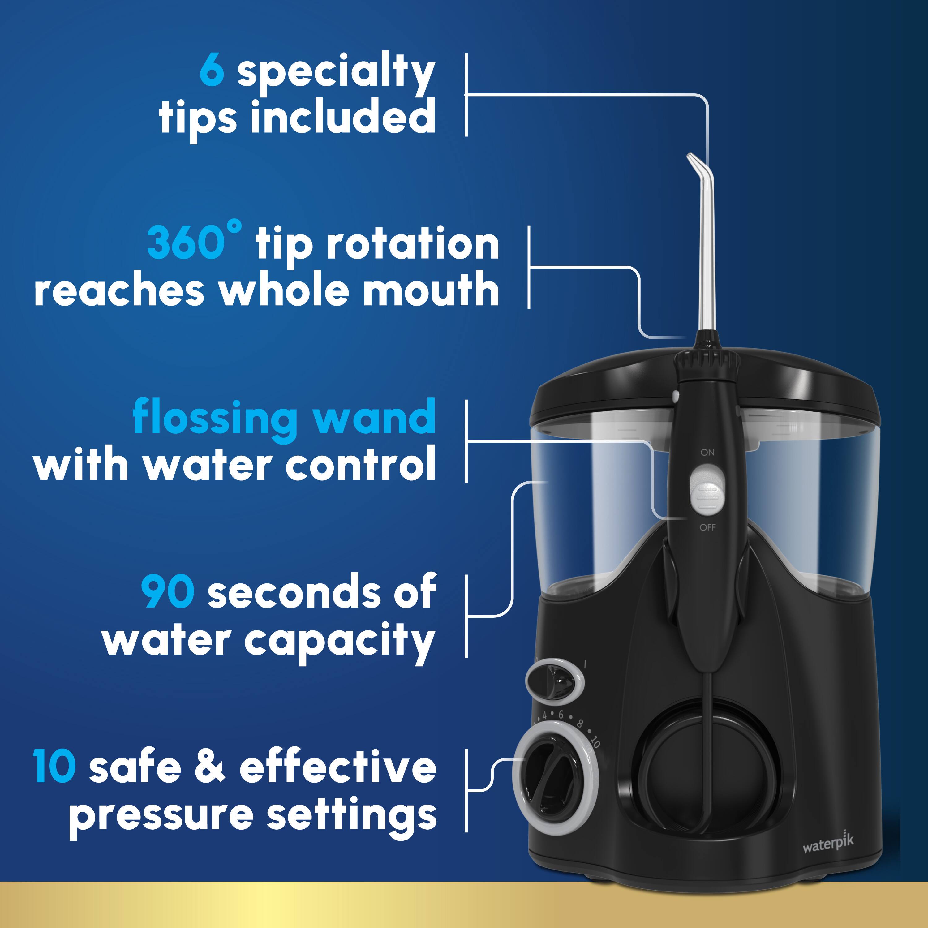6 specialty tips included, 360° tip rotation reaches whole mouth, flossing wand with water control, 90 seconds of water capacity, 10 safe & effective pressure settings - Bi1o waterpik
