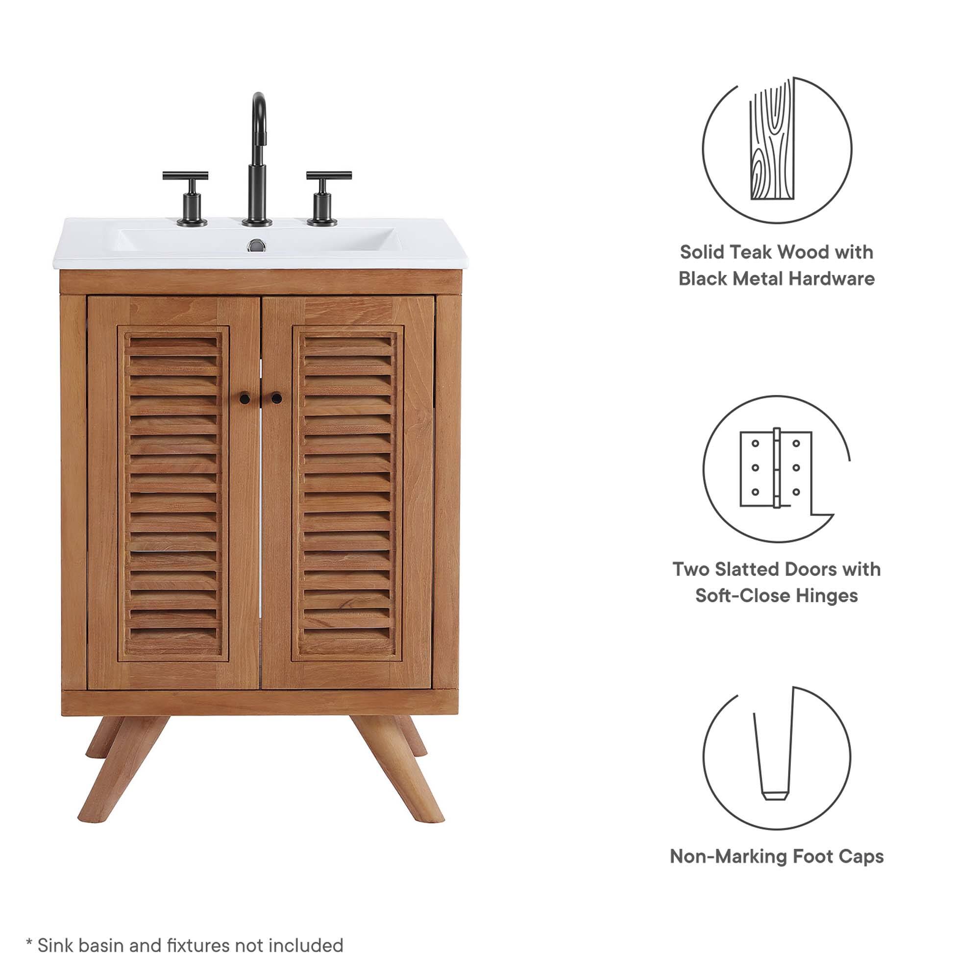 Solid Teak Wood with Black Metal Hardware  
Two Slatted Doors with Soft-Close Hinges  
Non-Marking Foot Caps  

Sink basin and fixtures not included