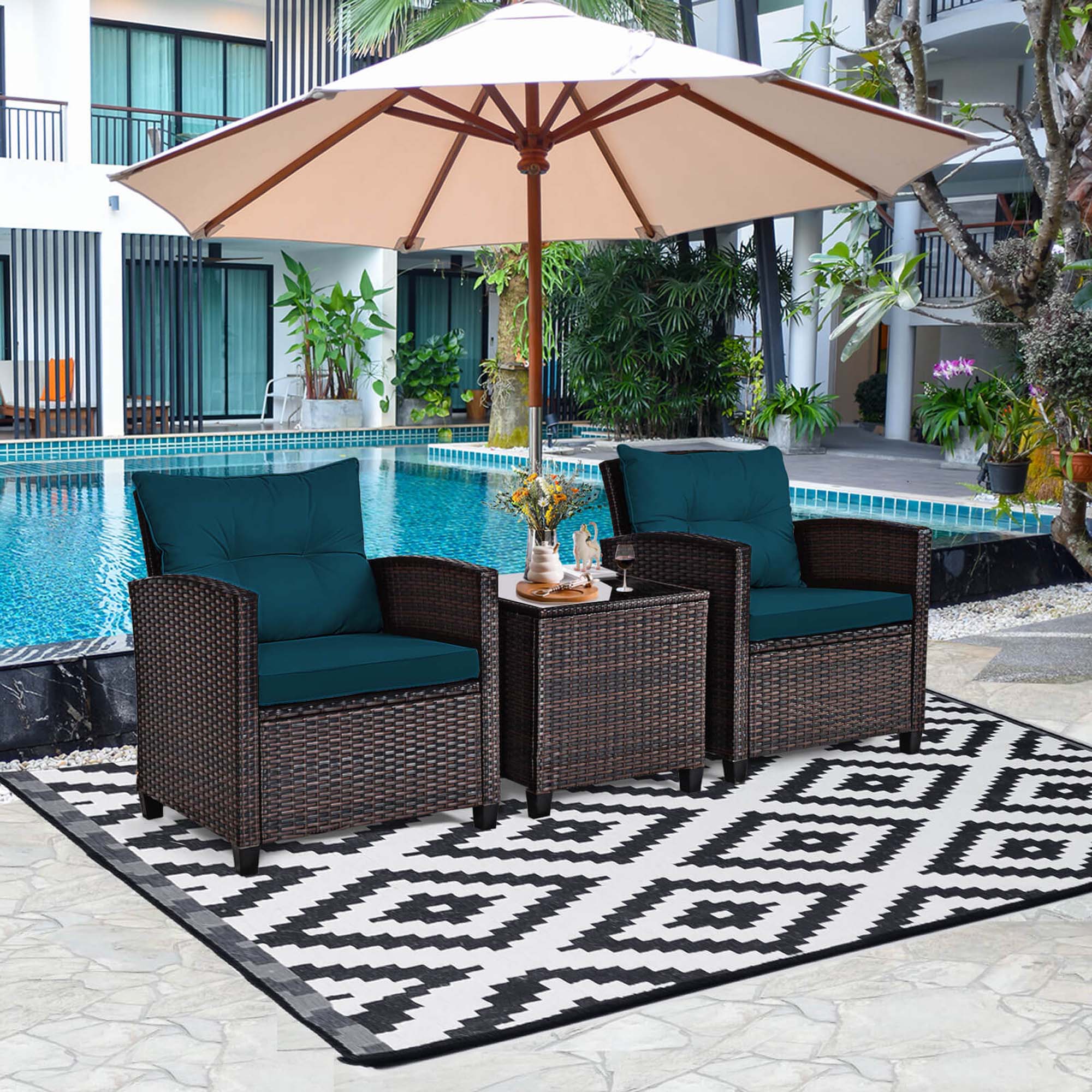 Alt View 3. Costway - 3 PCS Patio Rattan Furniture Set Cushioned Conversation Set Sofa - Blue,Brown.