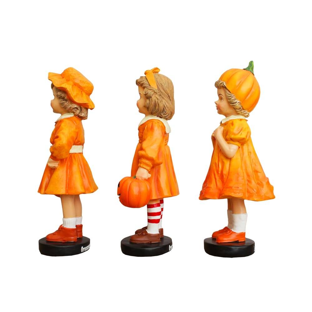Alt View 1. OrnamentallyYou - Inviting Pumpkin Girl Trio Set of Figurines, 6" Victorian Autumn Fall and Halloween Table Decoration - Orange.