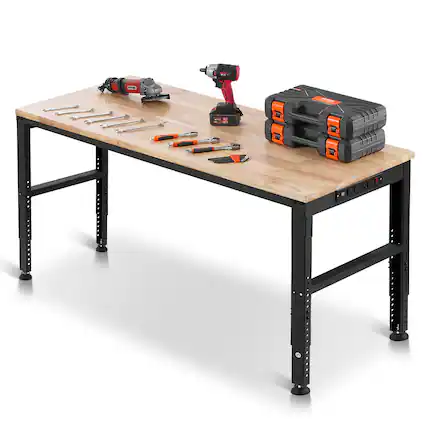 Front. VEVOR - Adjustable Workbench, 2000 lbs Capacity, 61 x 20-inch Heavy Duty Work Bench with 27.1-36 Inches Height Adjustment - Burlywood.