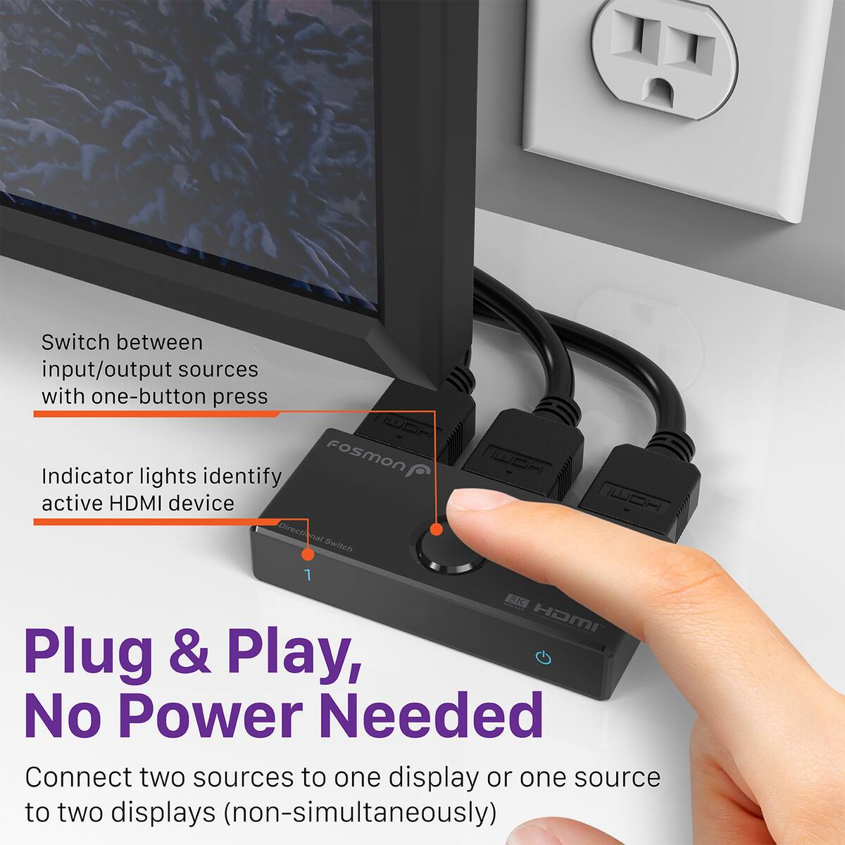 Switch between input/output sources with one-button press. Fosmon Indicator lights identify active HDMI device. Plug & Play, No Power Needed. Connect two sources to one display or one source to two displays (non-simultaneously).